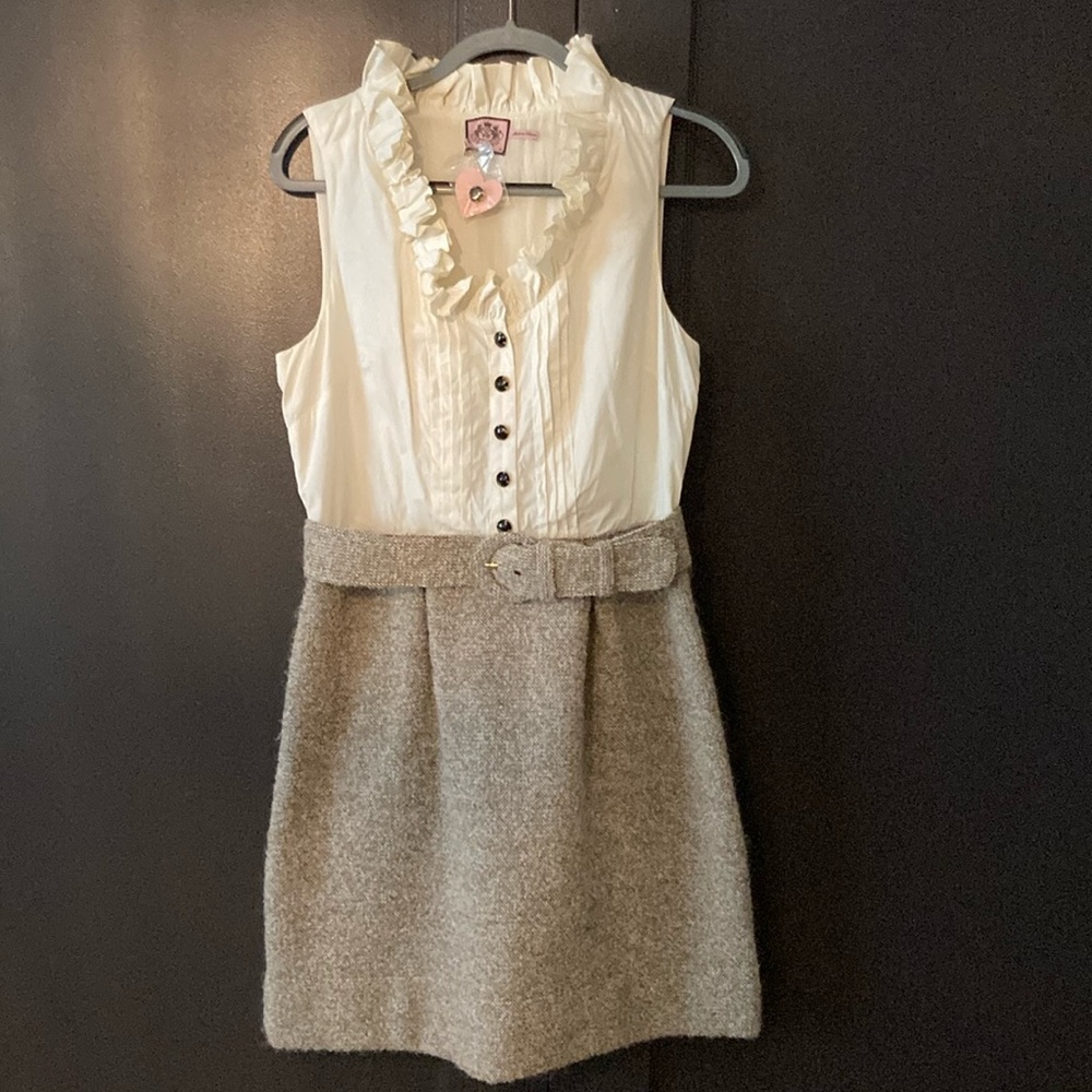Juicy Couture Cream & Beige Ruffle Collar & “Boucle" Wool Belted Dress (Size 10)